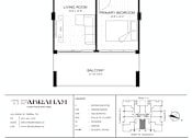 Thumbnail 1 of 26 - A floor plan for a one bedroom apartment with a living room, kitchen/dining area, and bathroom.
