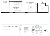 Thumbnail 8 of 26 - A floor plan for a layout E shows a primary bedroom, a balcony, a kitchen/dining area, a living room, and a den.