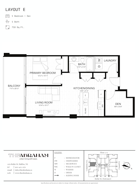 A floor plan for a layout E shows a primary bedroom, a balcony, a kitchen/dining area, a living room, and a den.