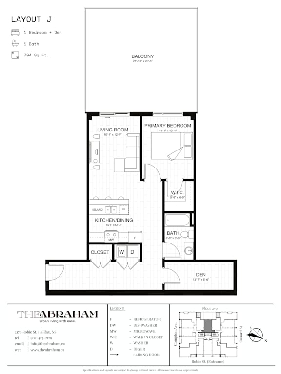 A floor plan for a two-bedroom, one-bathroom apartment with a living room, kitchen, and closet.