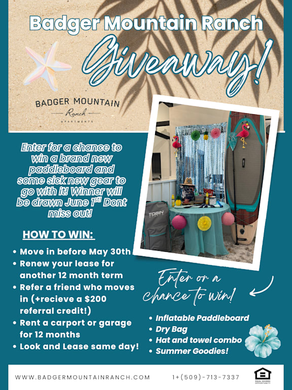 A poster advertises a giveaway for a paddleboard and gear from Badger Mountain Ranch, with instructions on how to enter.
