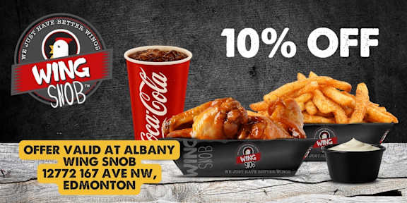 A promotional image for WING SNOB offering 10% off at their location in Edmonton.