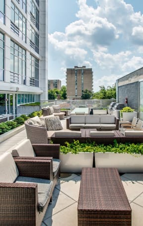 Outdoor patio with grills at The Lex and Leo at Waterfront Station