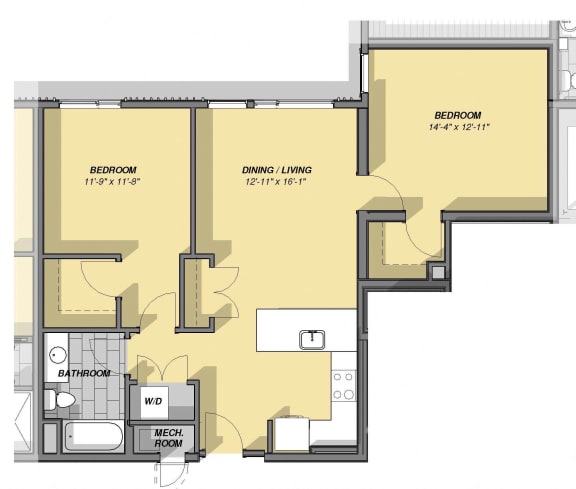 2 Bedroom 1 Bathroom Floor Plan at Park77, Cambridge, Massachusetts