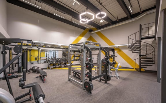 a gym with weights and cardio equipment in a building