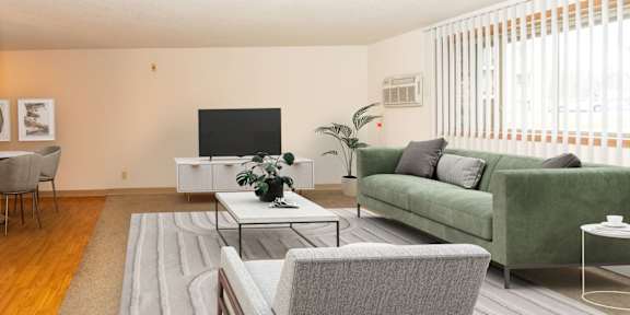 A living room with a grey couch, a coffee table, and a television.