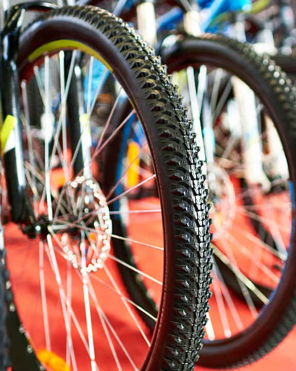 A row of bicycle tires are lined up on a red carpet at Countryside River Apartments, Illinois 60402
