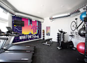 Thumbnail 9 of 11 - A gym with treadmills, weights, and exercise equipment.