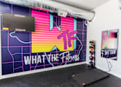 Thumbnail 10 of 11 - A wall with a map and the words "What the Fitness" written on it.