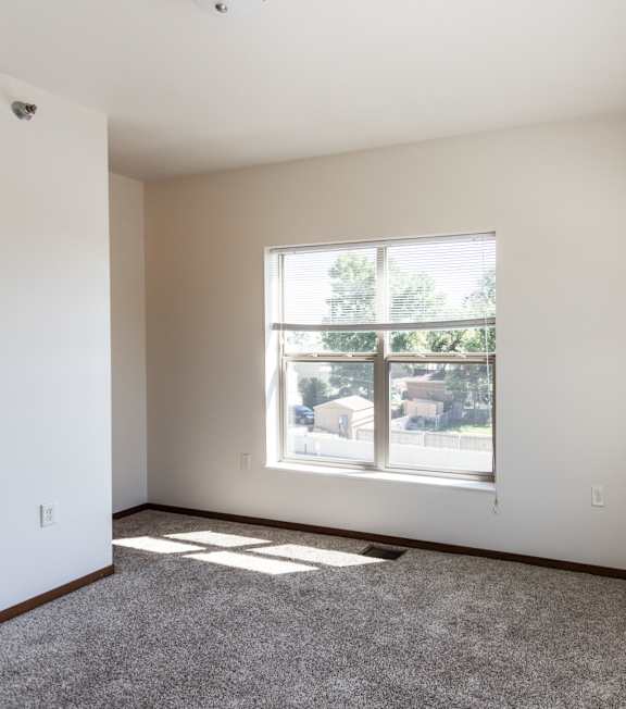 A room with a large window and a carpeted floor.
