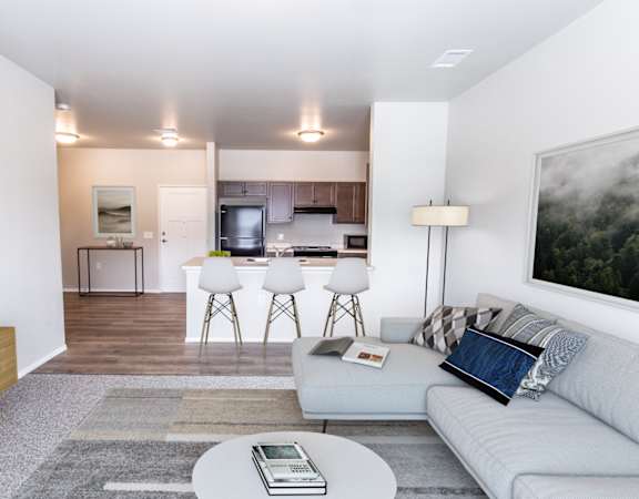 a living room with a couch and a table