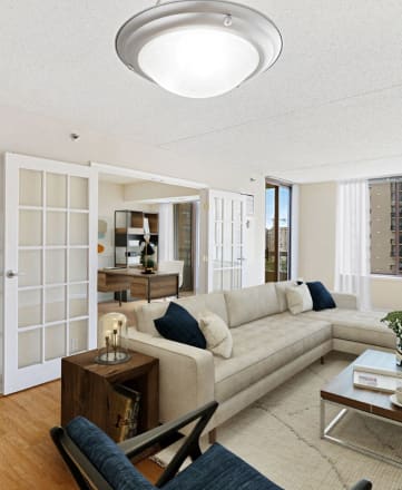 Apartment living area with den (virtually staged)  at Lenox Club, Arlington, VA