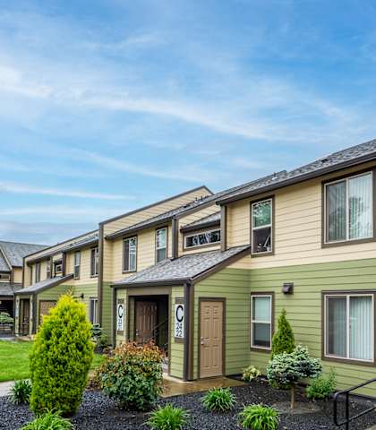 A row of houses with a small garden in front.