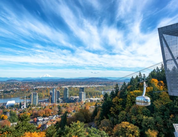 Portland Aerial Tram with View of Portland, Oregon and Mt. Hood