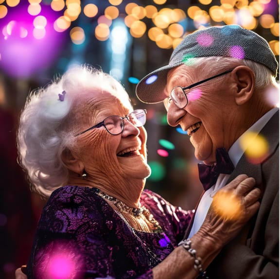 an elderly couple dancing at a party