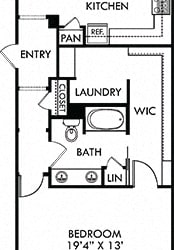 Trinity. 1 bedroom apartment. Kitchen with island open to living/dinning rooms. 1 full bathroom with double vanity. Walk-in closet. Patio/balcony.