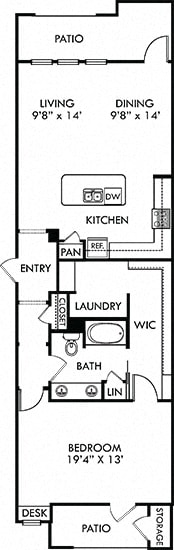 Trinity. 1 bedroom apartment. Kitchen with island open to living/dinning rooms. 1 full bathroom with double vanity. Walk-in closet. Patio/balcony.