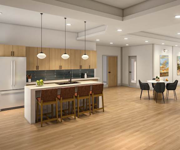A modern kitchen with a dining area.