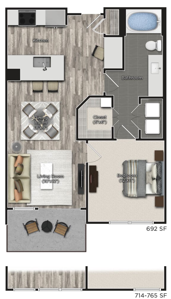1 bedroom 1 bathroom Floor plan at Tens on West, Atlanta, GA