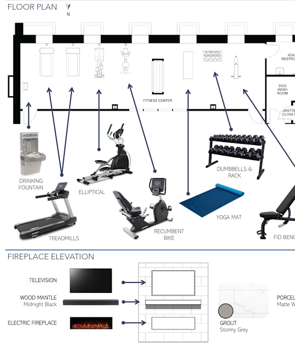 A floor plan for a home gym with a fireplace, exercise equipment, and a fitness center. at The Annex Apartments, Buffalo, NY, 14222