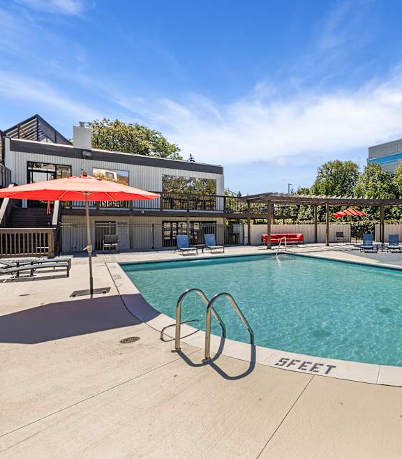 A swimming pool with a diving board and sun loungers.
