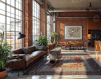 A living room with a large rug and a leather couch.