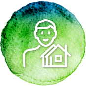 a green circle with a person in front of a house