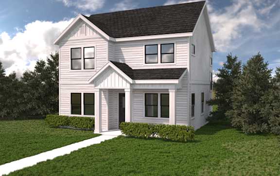 A modern house with a white exterior and a black roof.at Alante Homes at Spring Run, Caldwell, ID