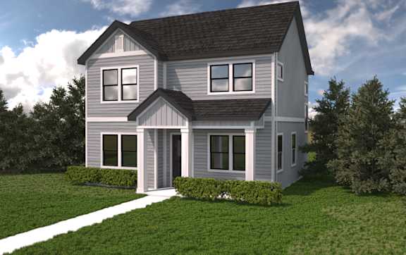 A house with a grey facade and a black roof is surrounded by greenery.at Alante Homes at Spring Run, Caldwell, ID