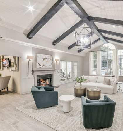 a living room with couches and chairs and a fireplace