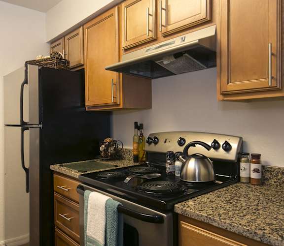 a kitchen with a stove and refrigerator and granite counter tops