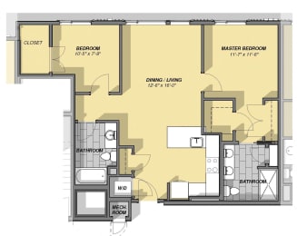 2 Bed 2 Bathroom Floor Plan at Park77 Apartments, Cambridge, MA