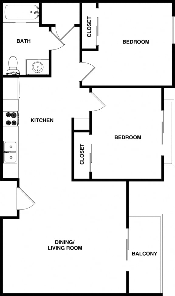 2 Bedroom 1 Bath 2D Floorplan, Casa Salazar Apartments Los Angeles, CA