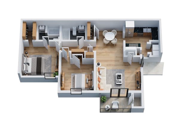 A top down view of a house interior with a kitchen, living room, dining room, and bedrooms.