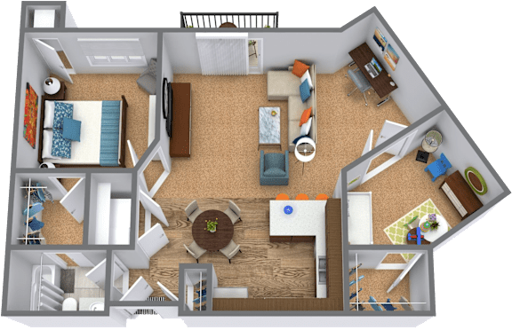 A 3D floor plan of a house with a kitchen, living room, and dining area.