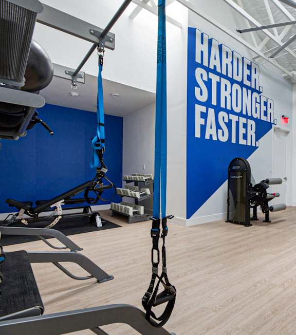 A gym with a blue wall and a sign that says "Harder Stronger Faster.".