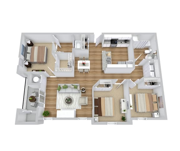A top-down view of a house layout with a living room, kitchen, dining area, and bedrooms.