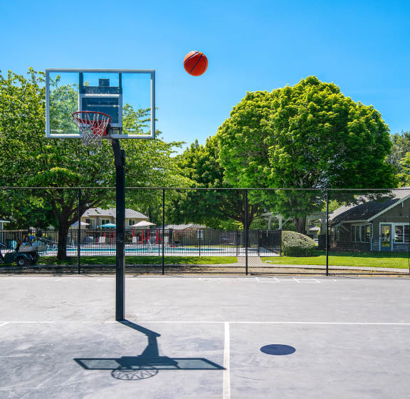 a basketball court with a basketball hoop and a ball in the air