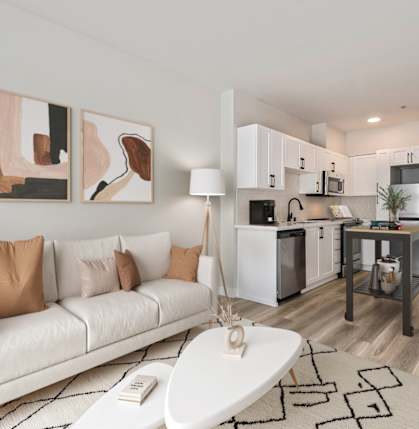 The Queen Anne Collection Apartments in Seattle, Washington Model Living Room and Kitchen