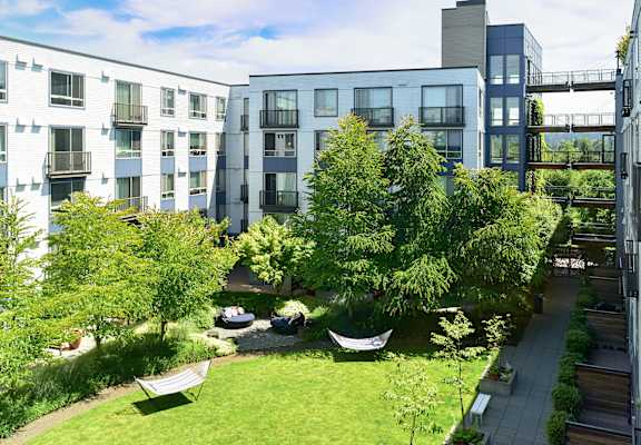 a courtyard with trees and a hammock in front of an apartment building