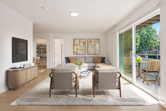 A living room with a grey rug and two chairs.