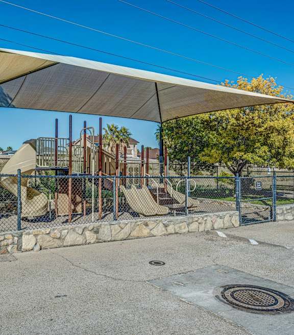 A playground with a canopy and slide.