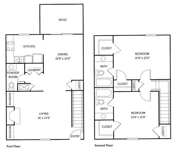 A floor plan of a two-story home with a living room, kitchen, dining room, powder room, and bedrooms.