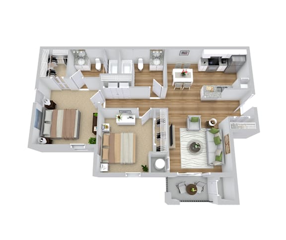 A 3D floor plan of a house with a kitchen, living room, dining room, and two bedrooms.