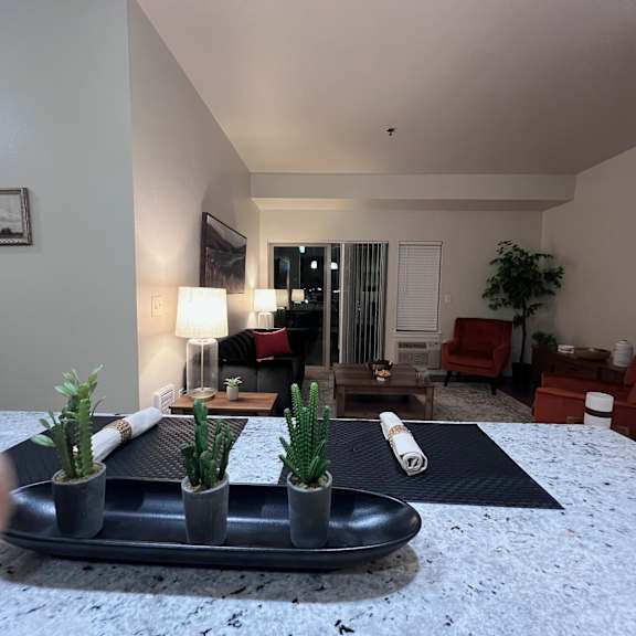 A living room with a couch, chair, and potted plants.
