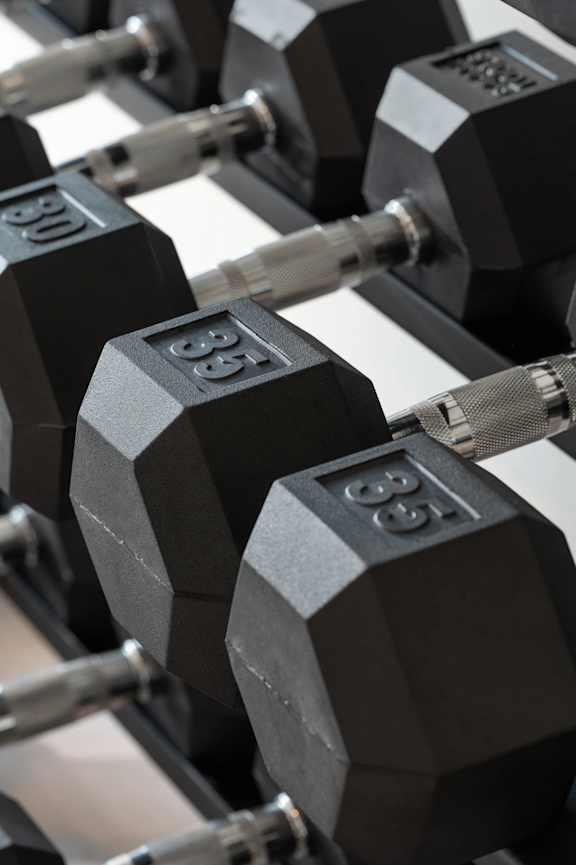 A set of black dumbbells are on a rack.