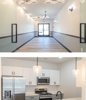 A modern kitchen with a refrigerator, microwave, and stove top oven.