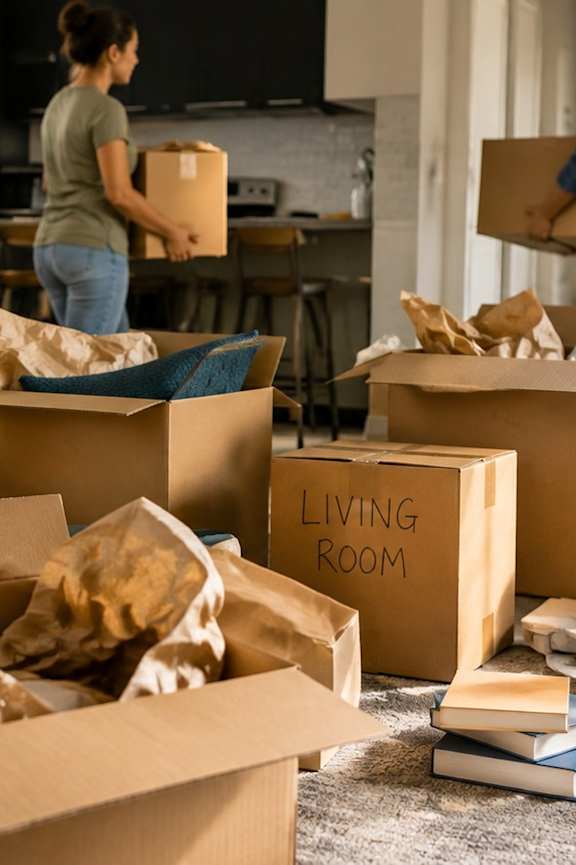 A living room is being packed with boxes and items for moving.