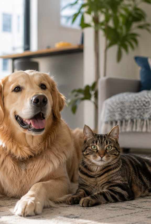 A dog and a cat are lying on a rug in a living room.