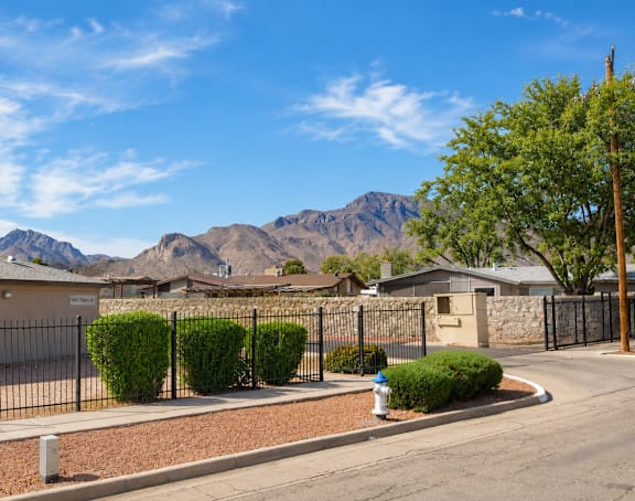 A residential area with houses and a mountain in the background.